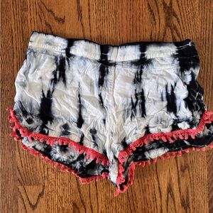 Black and White Tie-Dye Shorts with Red Trim